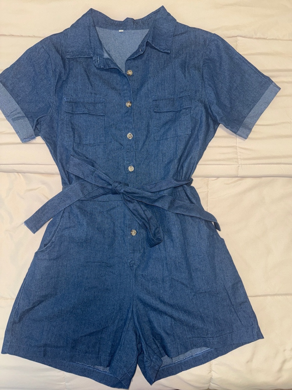 Casual Denim Short-Sleeve Romper - Blue